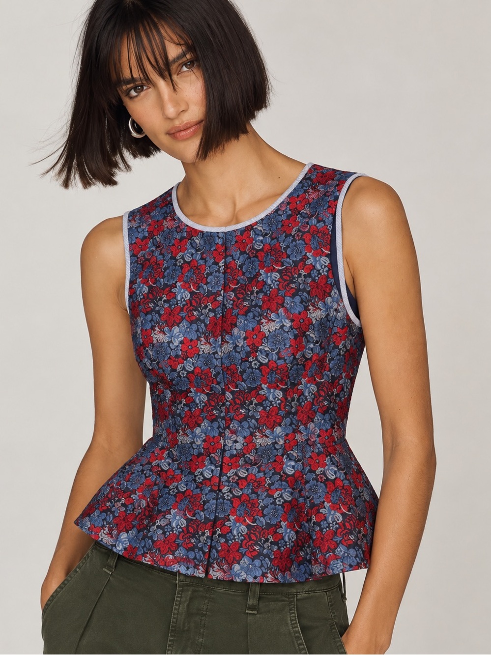 BCBG Maxazaria Sleeveless Red & Blue Floral Peplum Top retailed $198